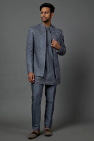 Bluish Grey Open jacket with Kurta Pant Set - Image 2